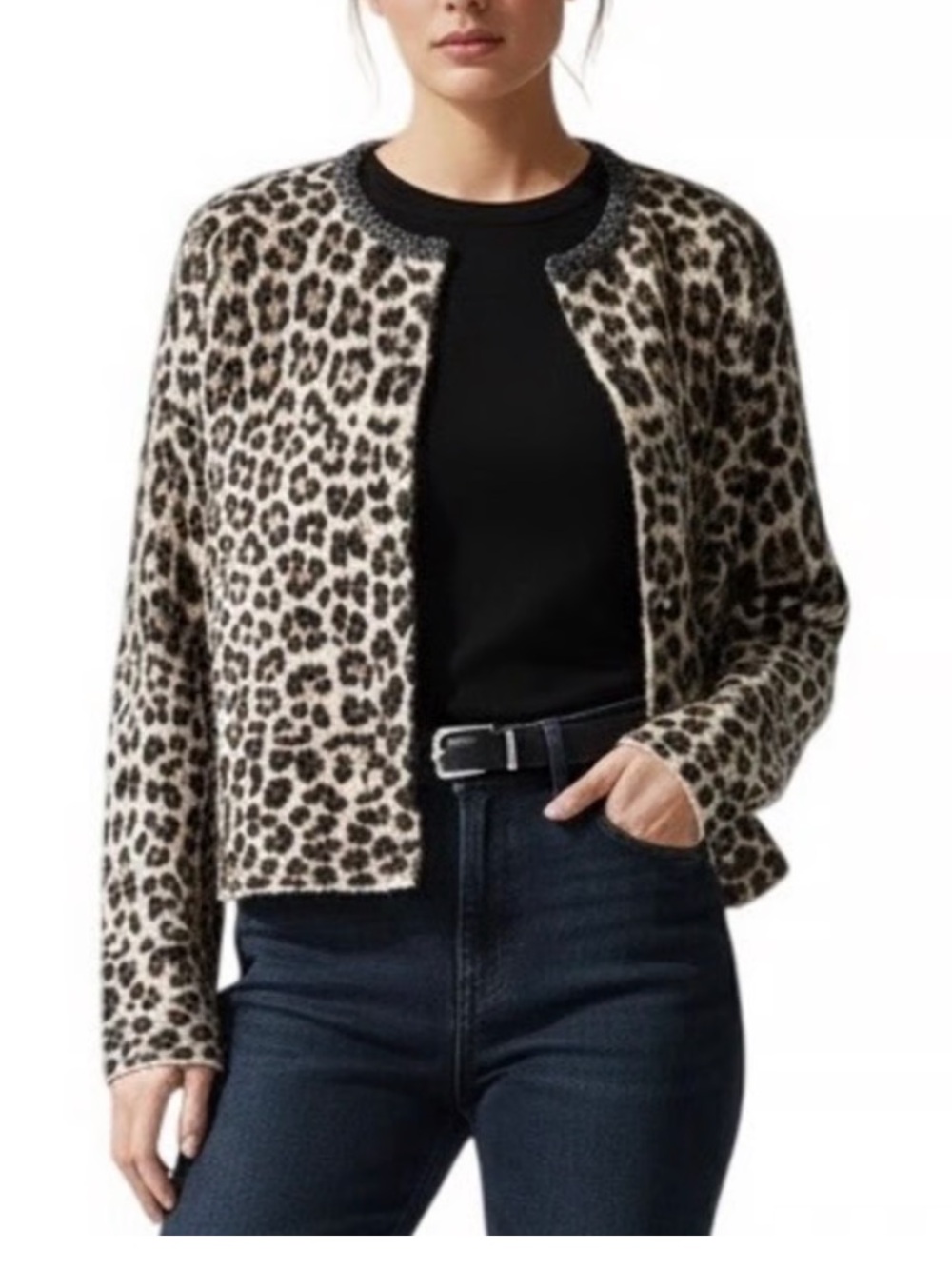 ZARA Leopard-Print Jewel-Trim Jacket - Black & Cream